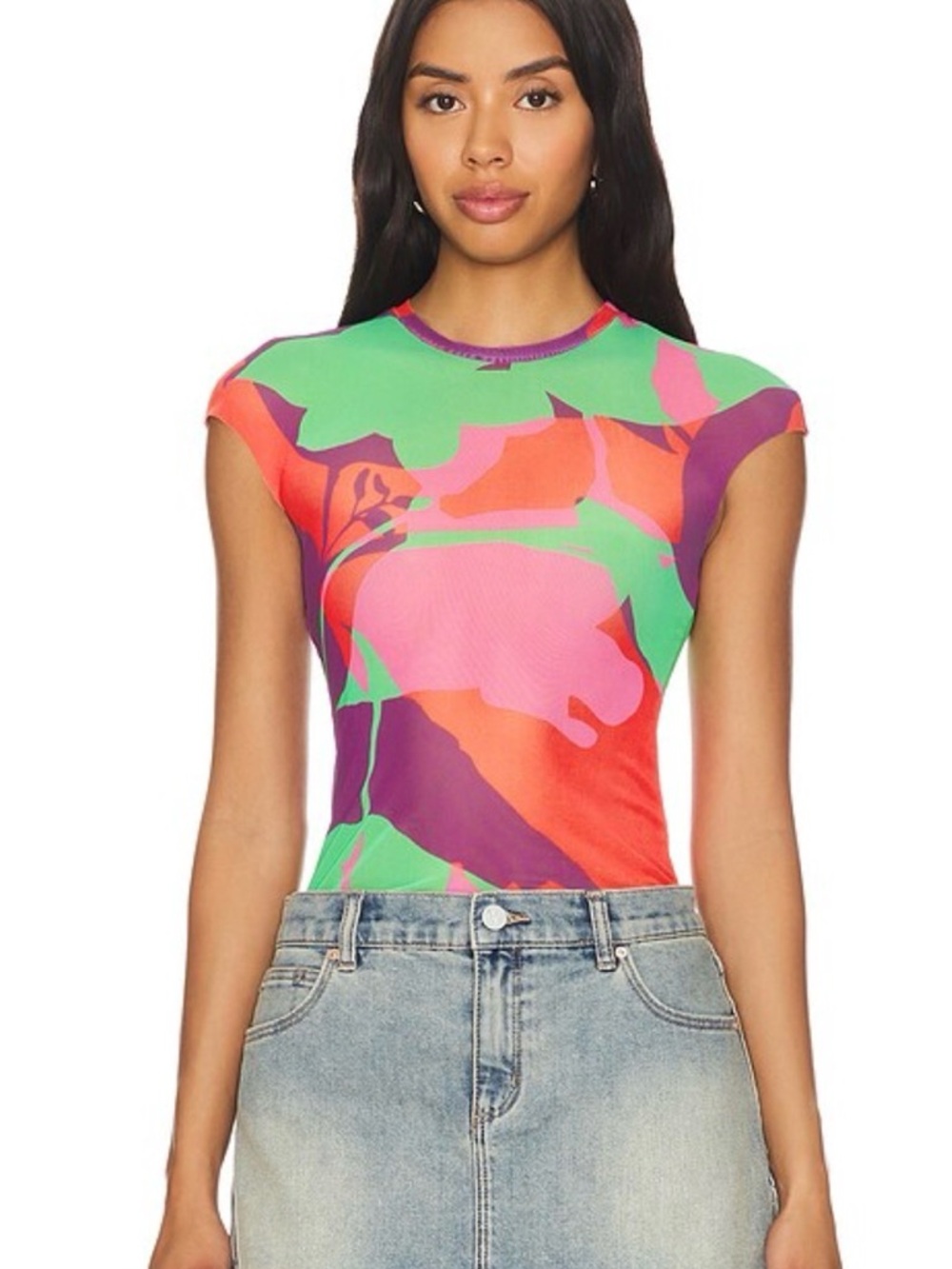 AFRM Neon Floral Abstract Cap-Sleeve Top in Pink, Green & Purple